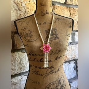 Faux Pearl Pink Flower Beaded Necklace